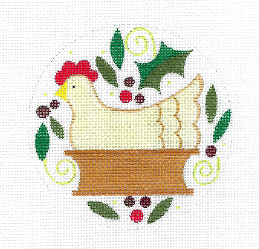 12 Days of Christmas ~ 3  French Hens 4" Round handpainted Needlepoint Canvas by Raymond Crawford