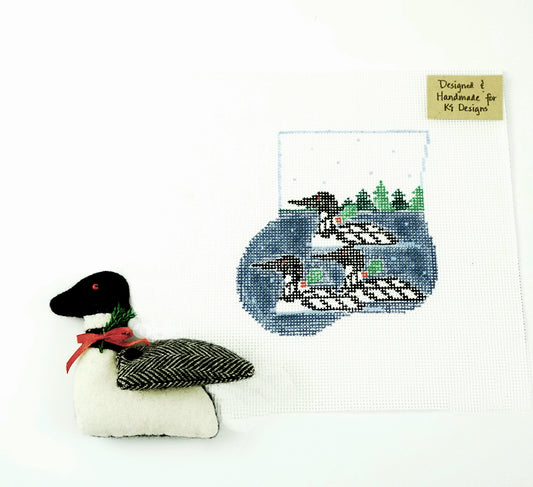 CANVAS SET ~ 3 LOONS on a LAKE CANVAS SET ~ 18 mesh HP Needlepoint Mini Stocking  Ornament by Kathy Schenkel