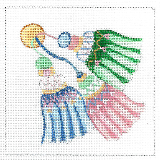 3 Multi Colored Tassels 18 mesh 5" Square handpainted Needlepoint Canvas Ornament from CBK