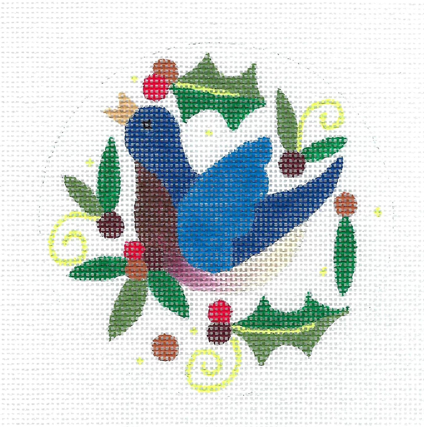 12 Days of Christmas ~ Four Calling Birds 4" Round handpainted Needlepoint Canvas by Raymond Crawford