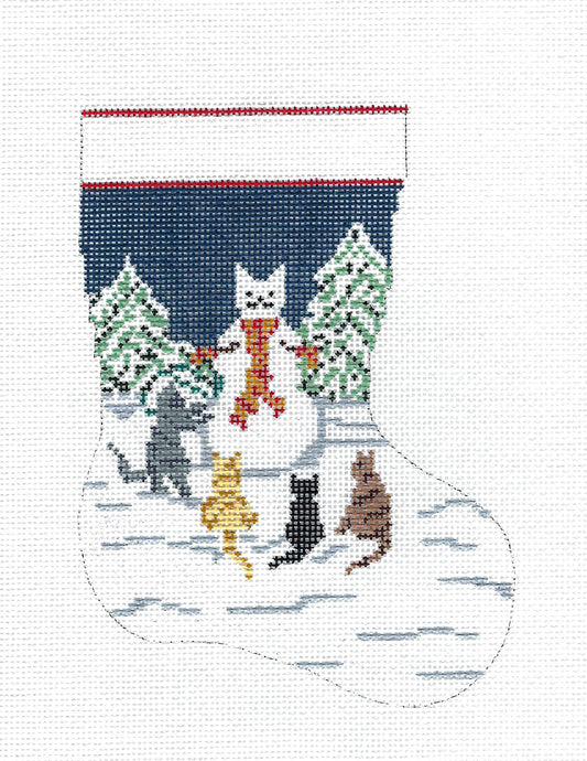 Stocking ~ 4 Cats Building a Snowman 13 mesh Mini Stocking Needlepoint Canvas by Needle Crossings