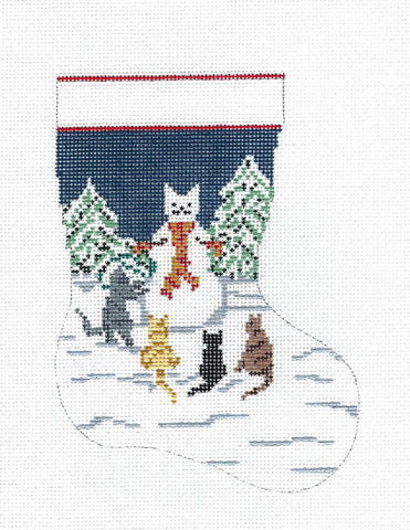 Stocking ~ 4 Cats Building a Snowman 18 mesh Mini Stocking Needlepoint Canvas by Needle Crossings