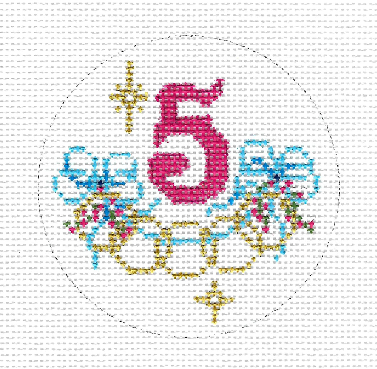 12 Days of Christmas ~ 5 Gold Rings 13 Mesh handpainted 4" Round Needlepoint Canvas by Alice Peterson