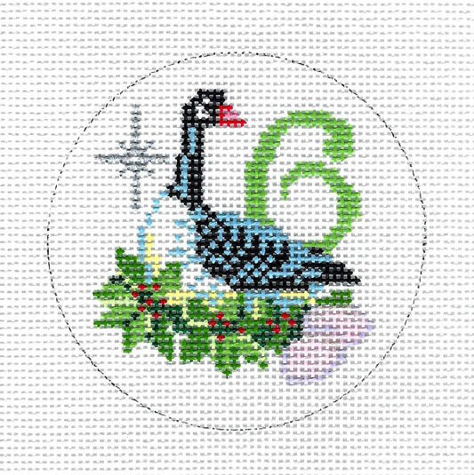 12 Days of Christmas ~ 6 Geese Laying 13 Mesh handpainted 4" Round Needlepoint Canvas by Alice Peterson