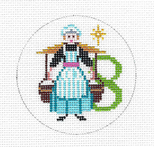 12 Days of Christmas ~ 8 Maids Milking 13 Mesh handpainted 4" Round Needlepoint Canvas by Alice Peterson