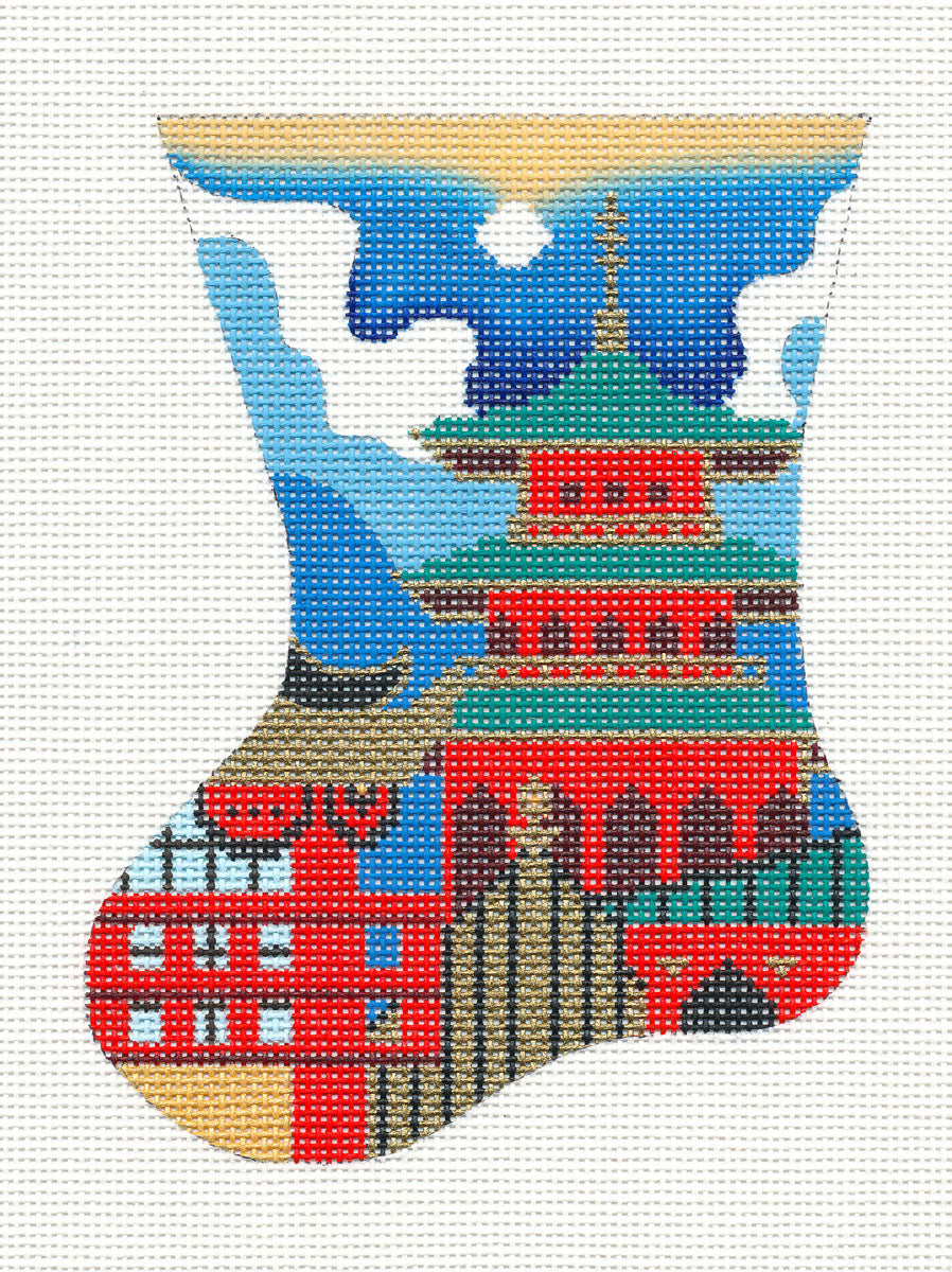 Pagoda Temple Mini Stocking handpainted Needlepoint Ornament Canvas by Amanda Lawford *RETIRED*
