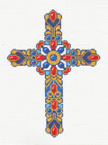 Cross ~ Elegant 7" tall Gold, Blue and Red Jeweled CROSS handpainted18 Mesh Needlepoint Canvas by LEE