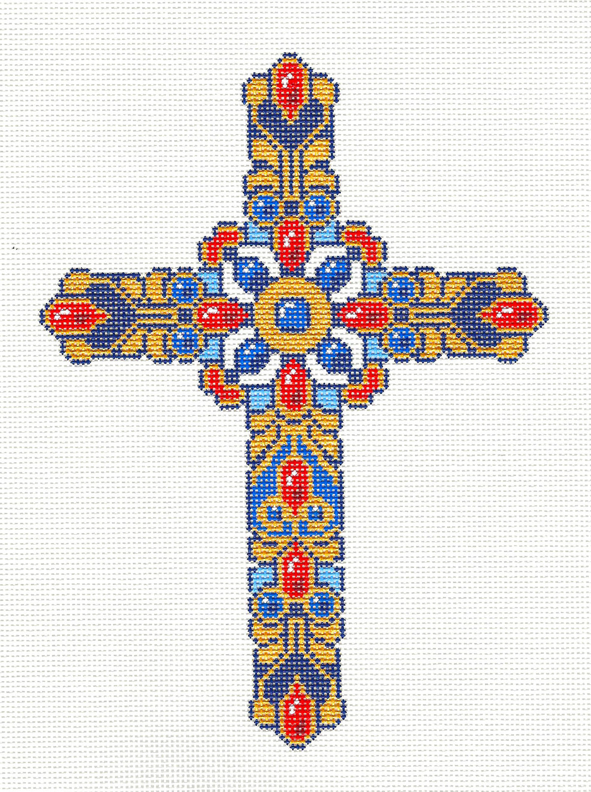 Cross ~ Elegant 7" tall Gold, Blue and Red Jeweled CROSS handpainted18 Mesh Needlepoint Canvas by LEE