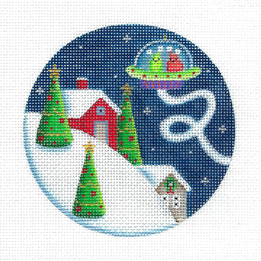 4" Round ~ Alien Christmas Visitors 18 Mesh Ornament handpainted Needlepoint Canvas by Rebecca Wood
