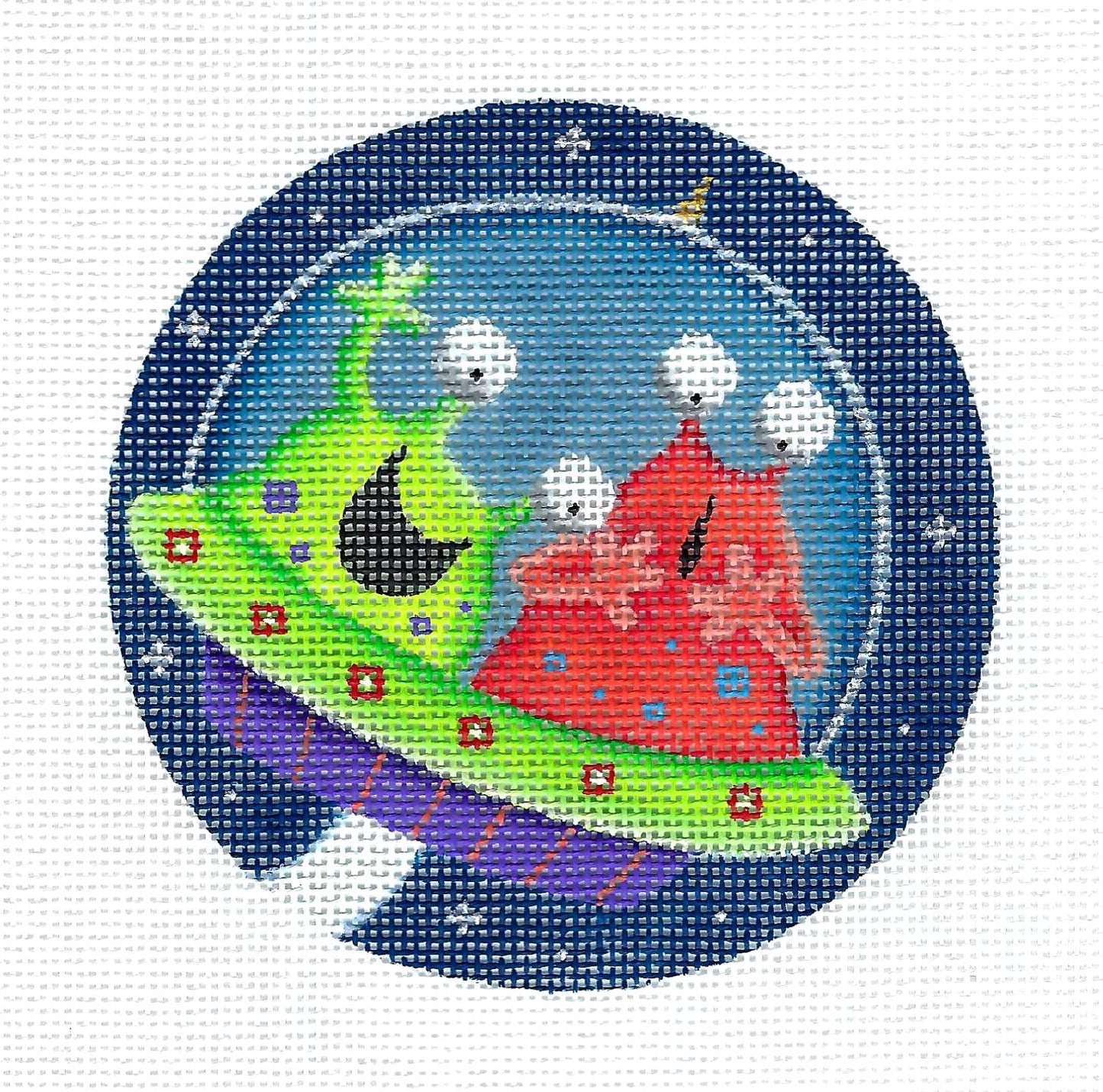 4" Round ~ Alien Friends Visiting 18 Mesh Ornament handpainted Needlepoint Canvas by Rebecca Wood