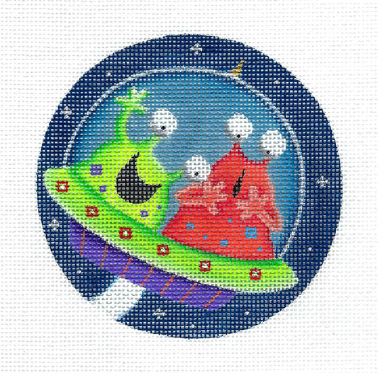 4" Round ~ Alien Friends Visiting 18 Mesh Ornament handpainted Needlepoint Canvas by Rebecca Wood