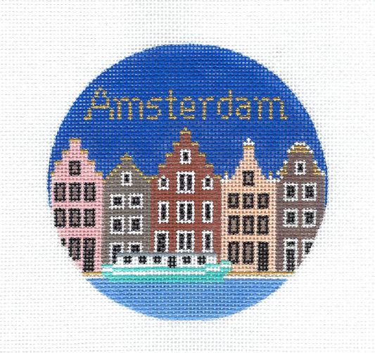 Travel Round ~ Amsterdam, Holland handpainted 4.25" Needlepoint Ornament Canvas by Silver Needle