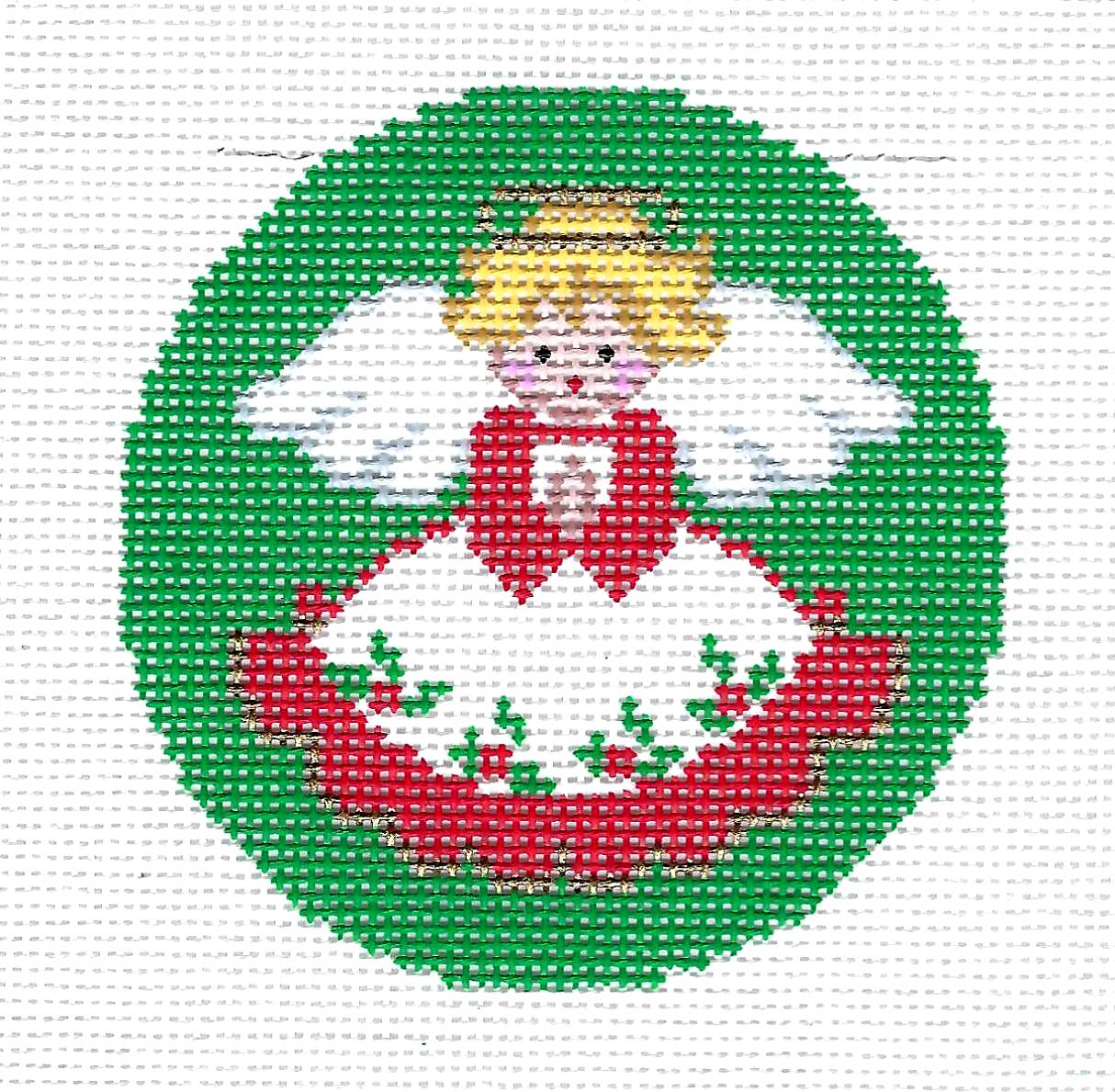 Round ~ Christmas Angel in Red & White Dress on Green Background 3" Rd. 18 mesh HP Needlepoint Canvas Ornament by LEE