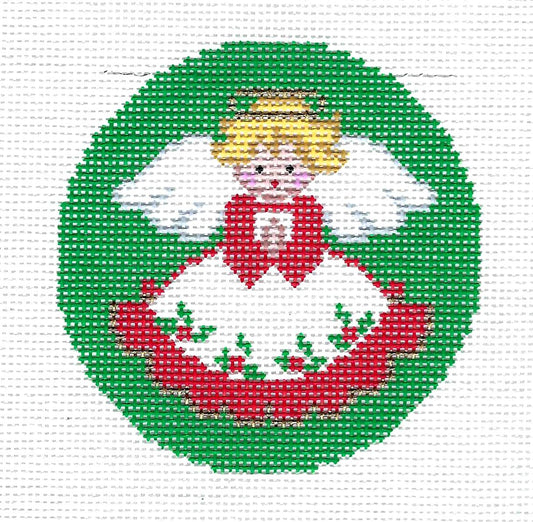 Round ~ Christmas Angel in Red & White Dress on Green Background 3" Rd. 18 mesh HP Needlepoint Canvas Ornament by LEE