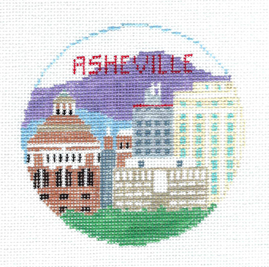 Travel Round ~ Asheville, North Carolina 4" Rd. 18 mesh handpainted Needlepoint Canvas Ornament by Kathy Schenkel