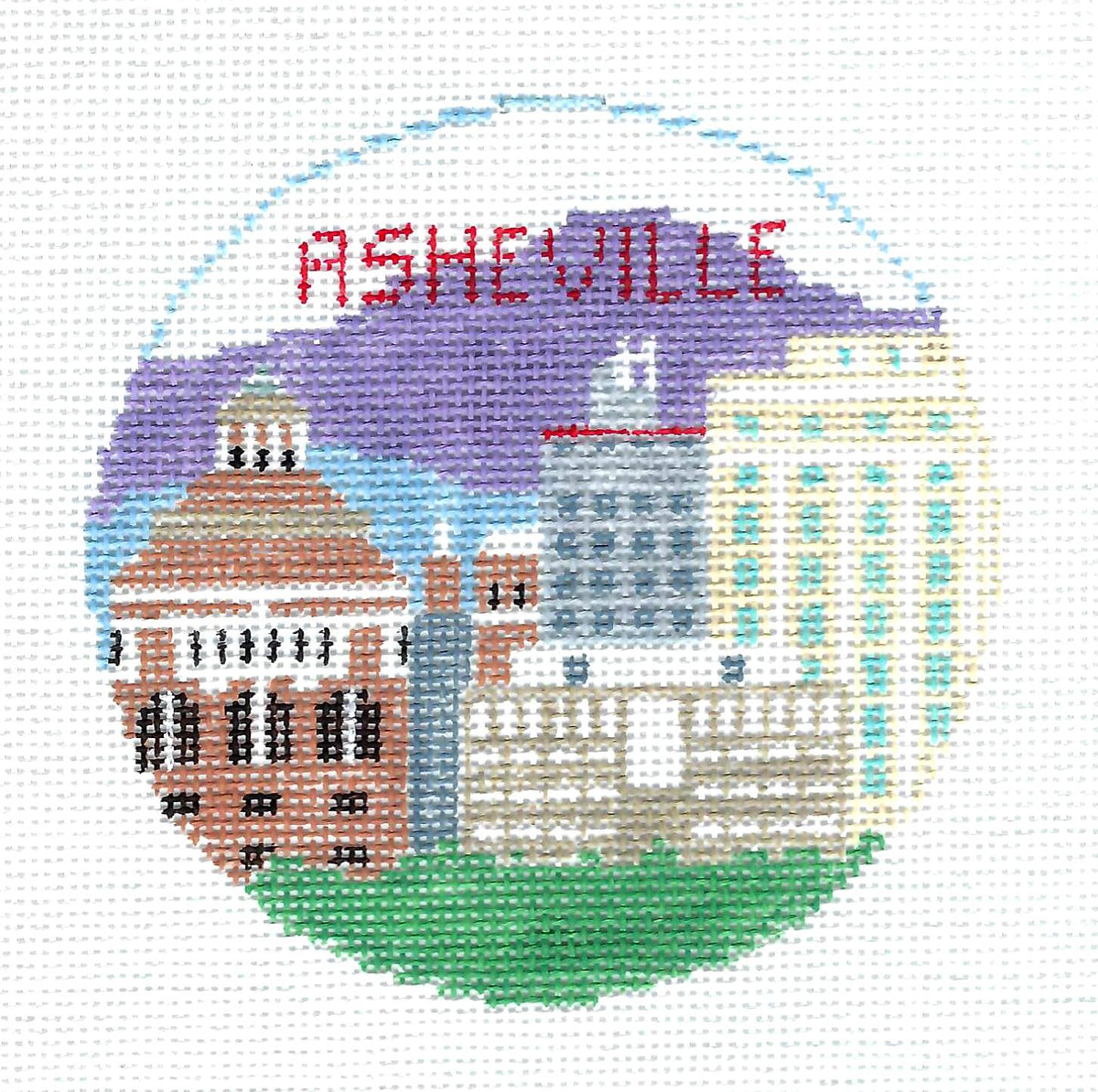 Travel Round ~ ASHEVILLE, NORTH CAROLINA  18 Mesh 4" Round handpainted Needlepoint Canvas by Kathy Schenkel