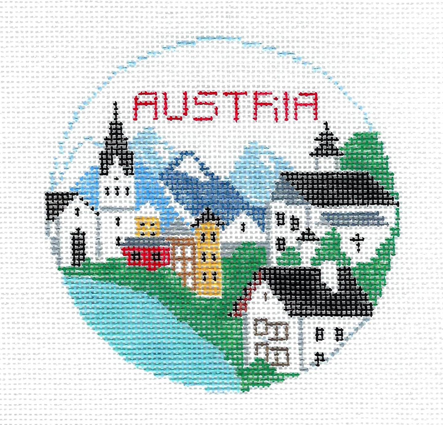 Travel Round ~ Country of AUSTRIA 18 Mesh 4" Round handpainted Needlepoint Canvas by Kathy Schenkel