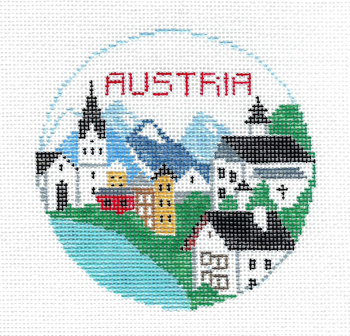 Travel Round ~ Country of AUSTRIA 18 Mesh 4" Round handpainted Needlepoint Canvas by Kathy Schenkel