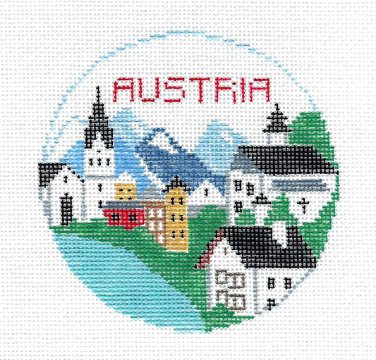 Travel Round ~ Country of AUSTRIA 18 Mesh 4" Round handpainted Needlepoint Canvas by Kathy Schenkel