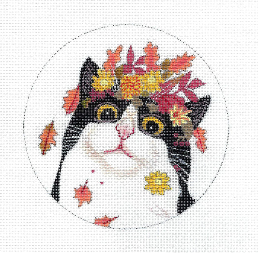 Cat ~ Autumn Black & White Cat with Fall Leaves handpainted 18 mesh Needlepoint Canvas by Vicky Mount from PLD