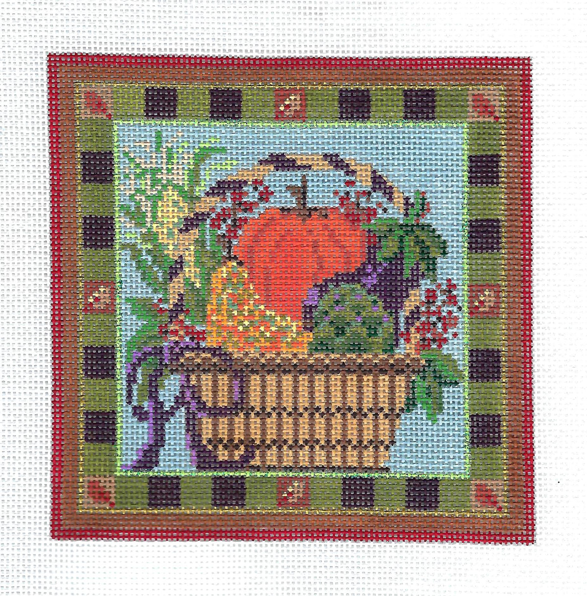 Autumn Harvest Basket with Pumpkin 18 Mesh handpainted 5" Square Needlepoint Canvas by Kelly Clark