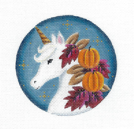 Round ~ AUTUMN UNICORN Ornament handpainted 18 Mesh Needlepoint Canvas 4" Round  by Rebecca Wood