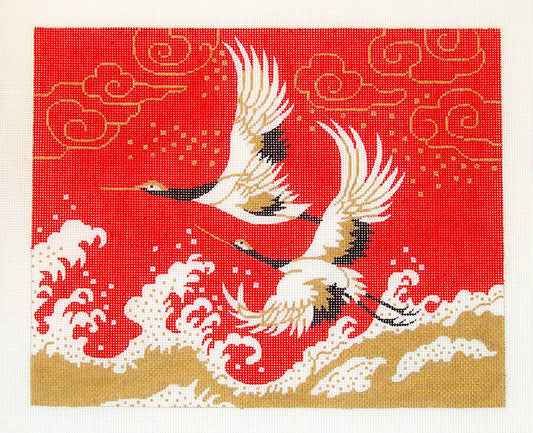 Canvas ~ Oriental Flying Cranes Wedding handpainted 18 mesh Needlepoint Canvas BF size by LEE