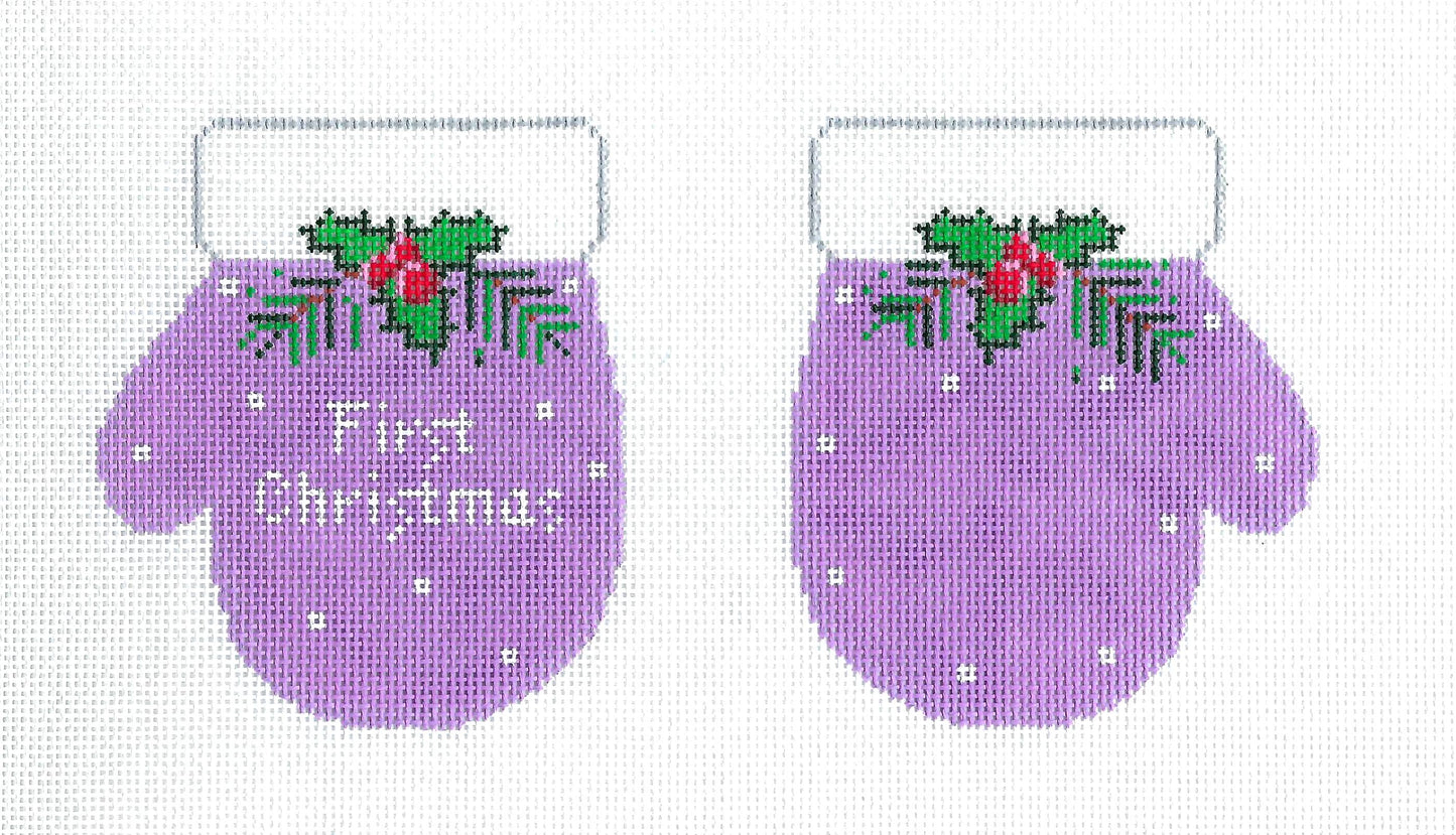 Baby's ~ First Christmas Lavender 2 Sided Mittens 18 mesh handpainted  Needlepoint Ornament Canvas by Pepperberry