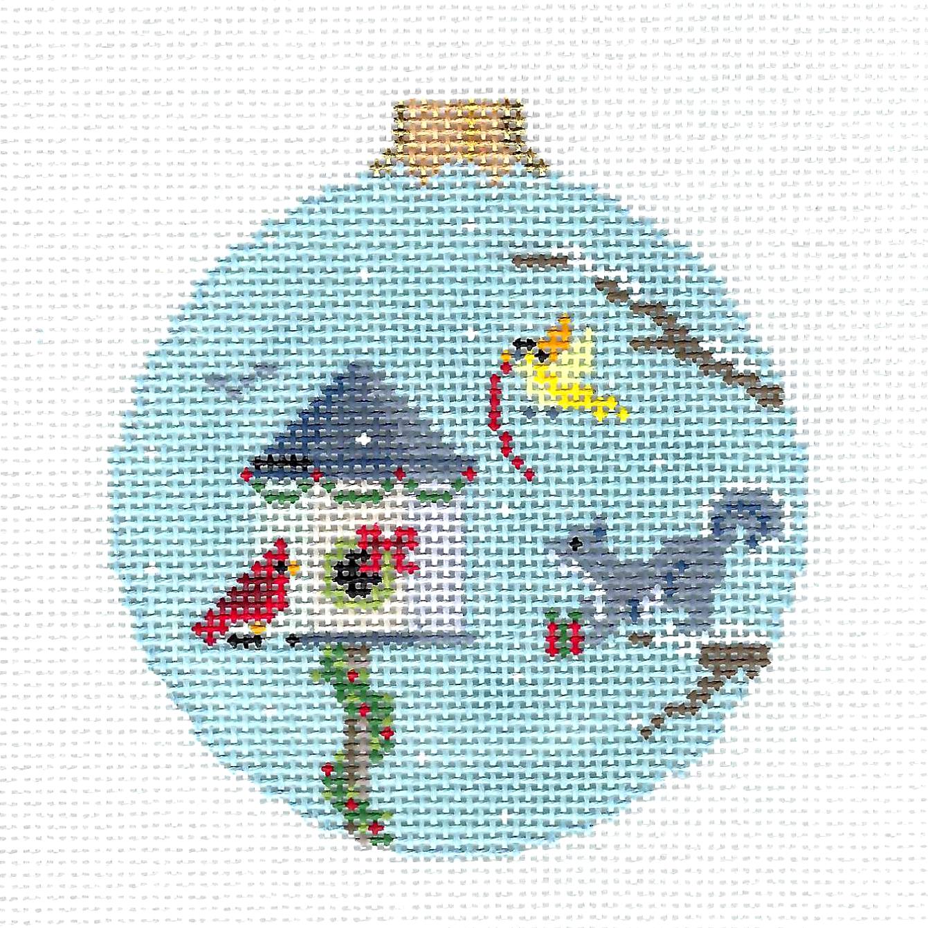 Christmas ~ Decorating the Birdhouse Ornament handpainted 18 mesh Needlepoint Ornament Canvas by Susan Roberts