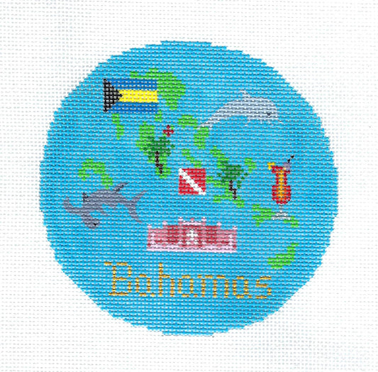 Travel Round ~ Country of BAHAMAS handpainted 4.25" Round Needlepoint Canvas by Silver Needle