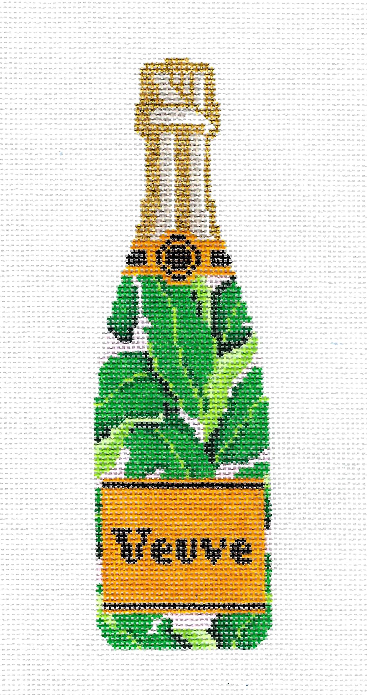 "Veuve" Single Champagne Bottle in Banana Leaf Design handpainted 18 Mesh Needlepoint Canvas by C'ate La Vie