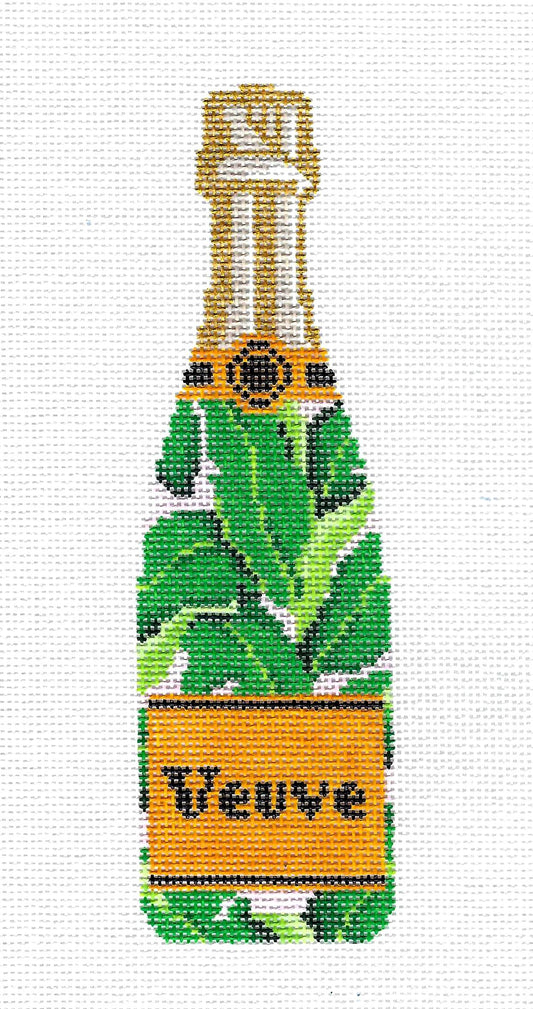 "Veuve" Single Champagne Bottle in Banana Leaf Design handpainted 18 Mesh Needlepoint Canvas by C'ate La Vie