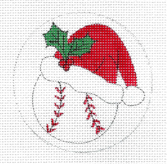 SPORTS ~ Baseball Wearing a  Santa Hat Sports 4" Round 13 Mesh Ornament HP needlepoint canvas by by Alice Peterson