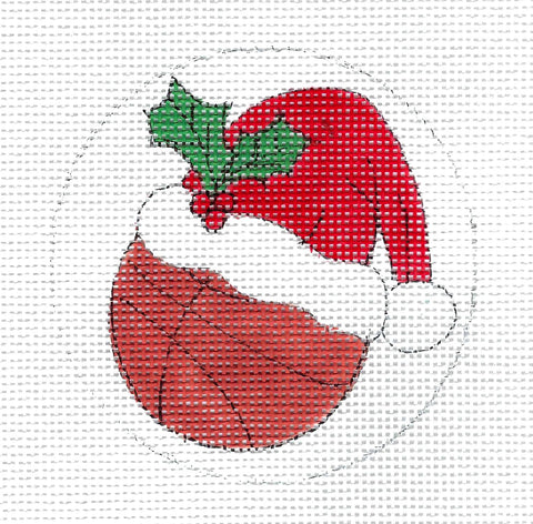 SPORTS ~ Basketball Wearing a Santa Hat Sports 4" Round Ornament HP needlepoint canvas by by Alice Peterson