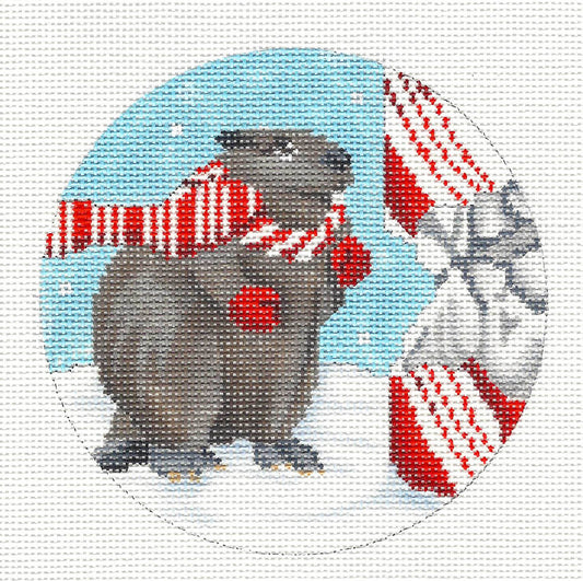 Round ~ "Beaver With a Candy Cane" handpainted 18 Mesh Needlepoint Ornament Canvas by Scott Church