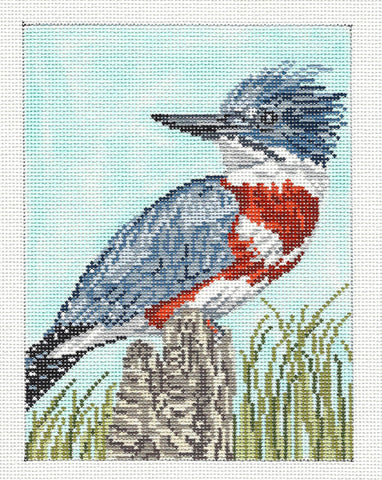 Bird Canvas ~ American BELTED KINGFISHER handpainted 13 Mesh LG. Needlepoint Canvas by Needle Crossings