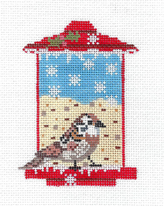 Birds ~ WREN Bird at a Bird Feeder handpainted 18 Mesh Needlepoint Ornament by CH Designs ~ Danji