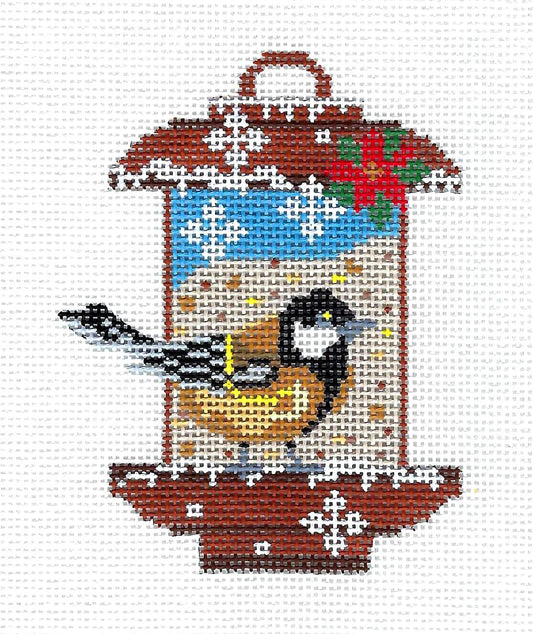 Birds ~ CHICKADEE Bird at a Bird Feeder handpainted 18 Mesh Needlepoint Ornament by CH Designs ~ Danji