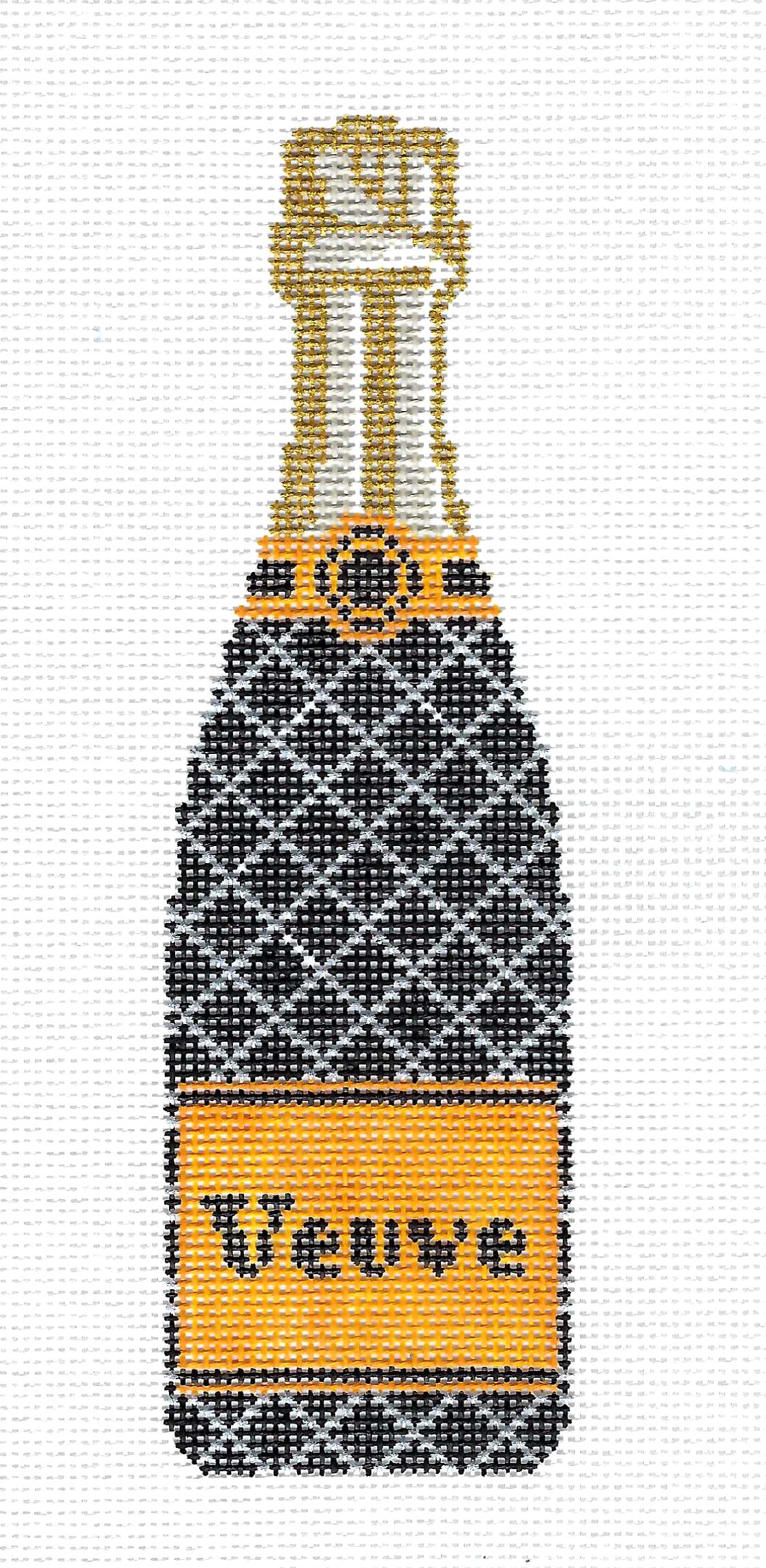 "Veuve" Champagne Bottle Co Co Quilt 18 mesh handpainted Needlepoint Ornament Canvas by C'ate La Vie