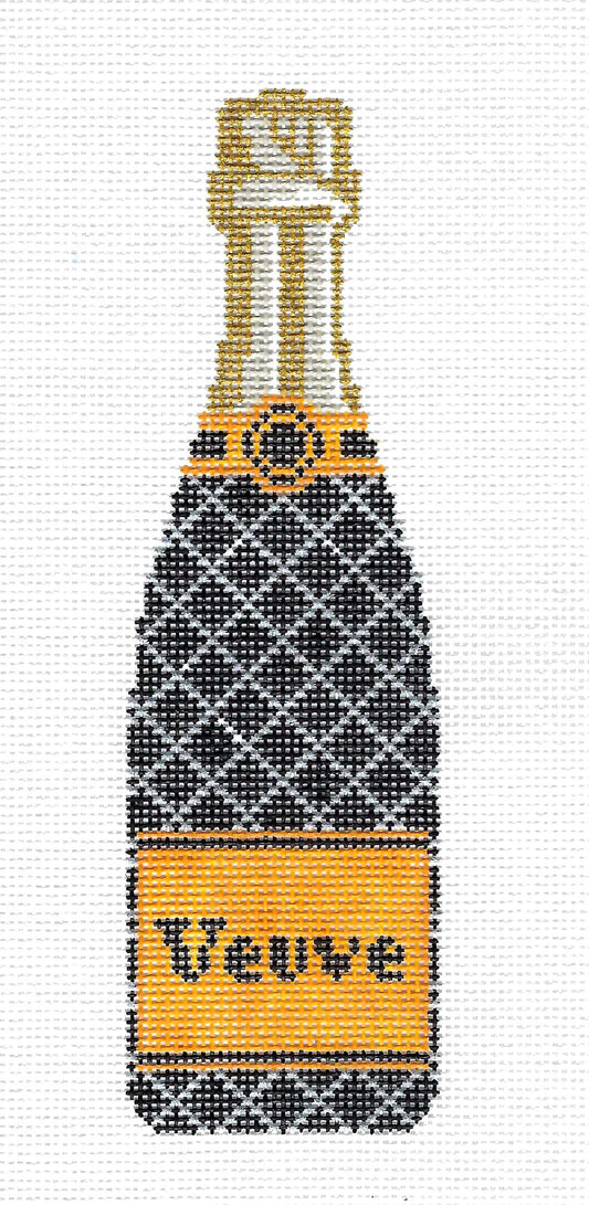 "Veuve" Champagne Bottle Co Co Quilt 18 mesh handpainted Needlepoint Ornament Canvas by C'ate La Vie