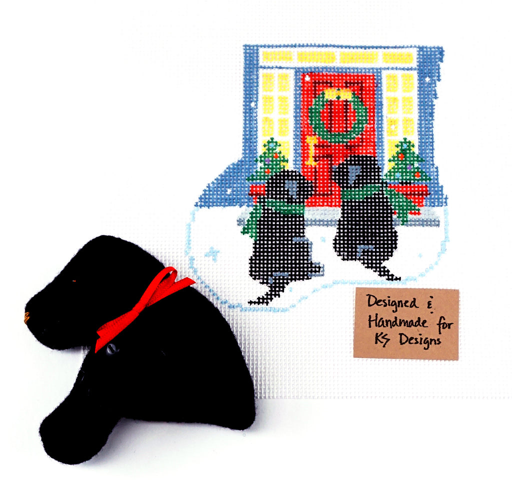 Canvas SET ~ 2 Black Lab Dogs at the Door SET handpainted Needlepoint Mini Stocking & Dog SET by Kathy Schenkel