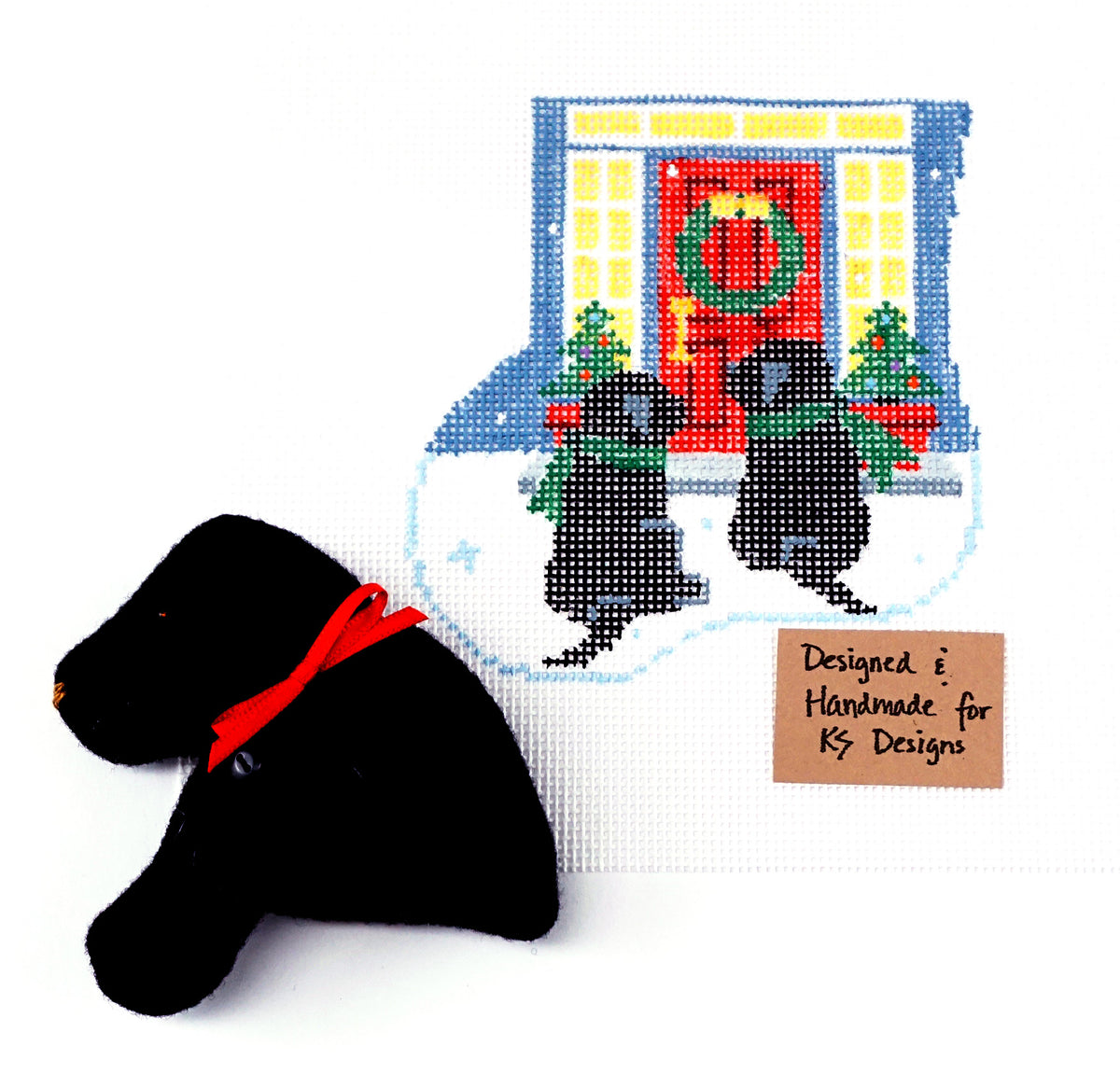 Canvas SET ~ 2 Black Lab Dogs at the Door SET handpainted Needlepoint Mini Stocking & Dog SET by Kathy Schenkel