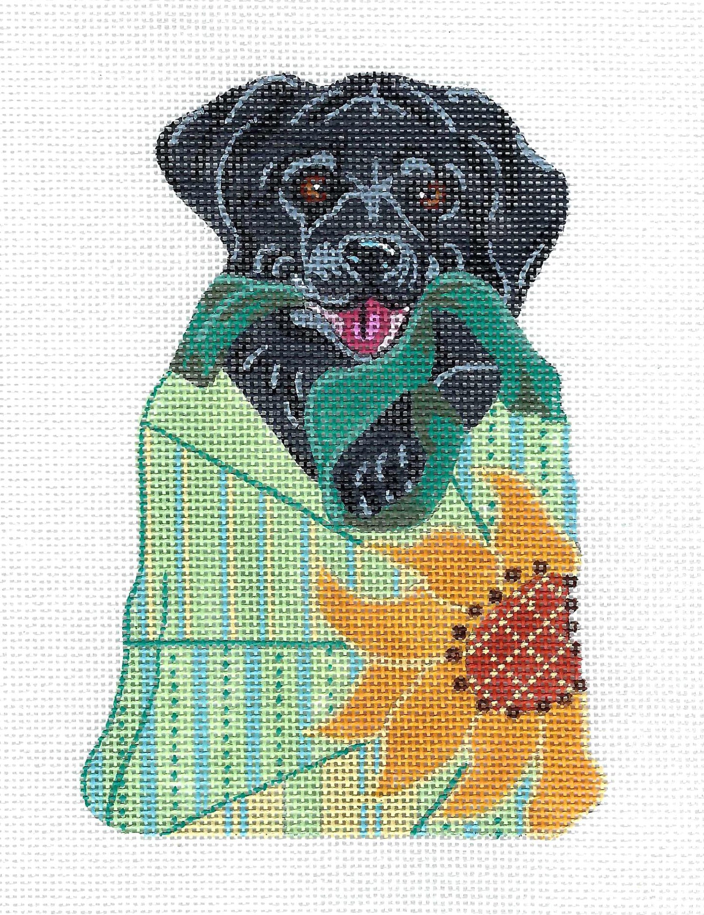 Dog Canvas ~ Black Labrador Dog in Sunflower Bag handpainted 18 mesh Needlepoint Canvas by Kamala ~JulieMar