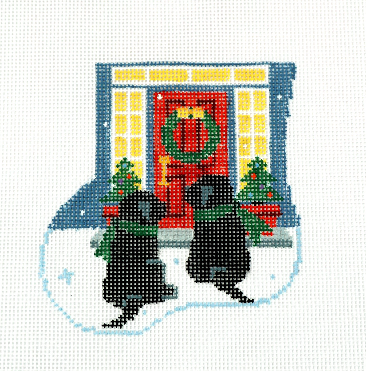 Canvas SET ~ 2 Black Lab Dogs at the Door SET handpainted Needlepoint Mini Stocking & Dog SET by Kathy Schenkel