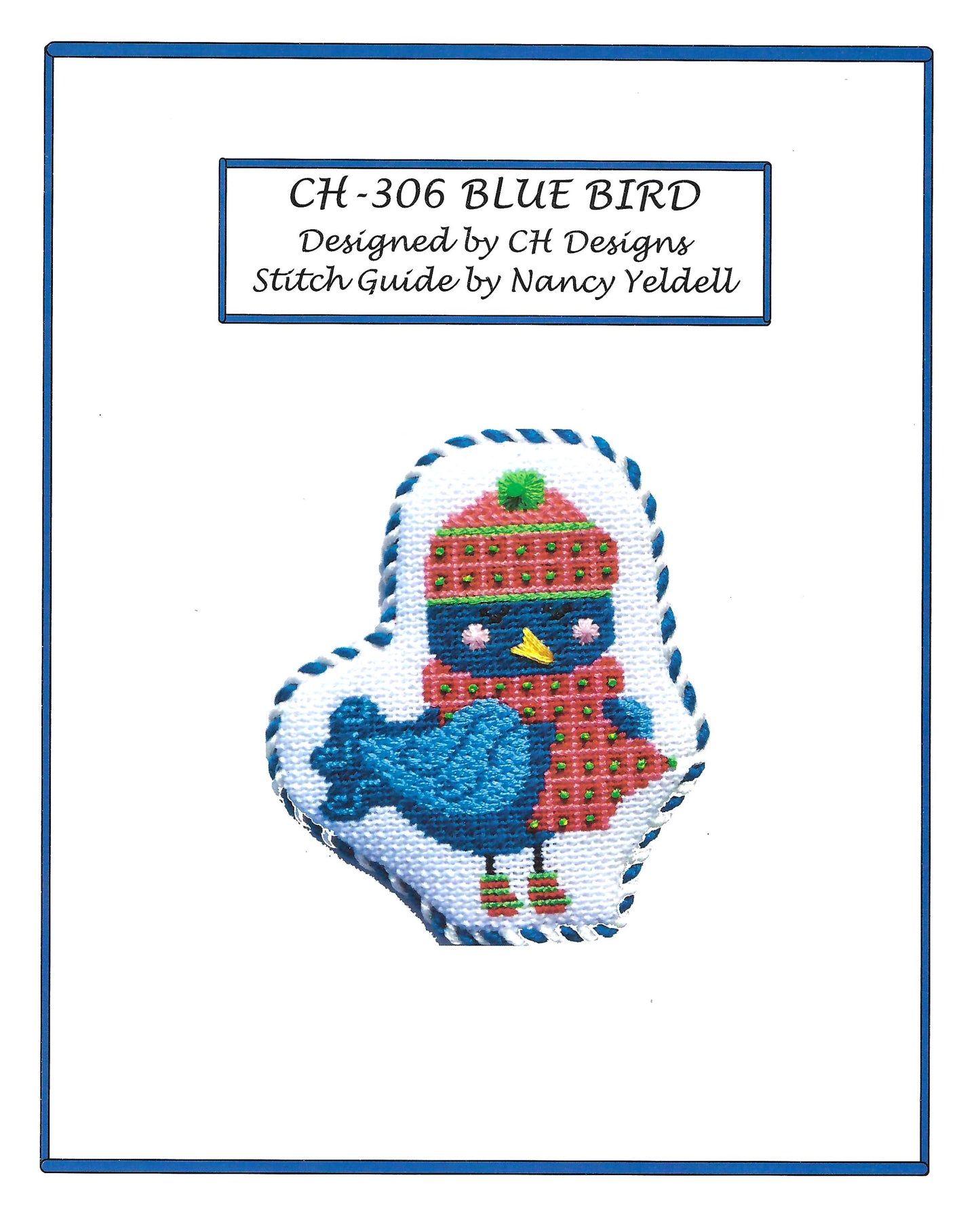 Bird Canvas ~ Blue Bird in a Scarf & Hat & STITCH GUIDE handpainted Needlepoint Canvas by CH Designs -Danji
