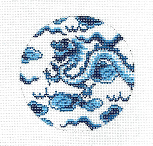Chinoiserie Blue DRAGON 4" Round  handpainted 18 Mesh Needlepoint Ornament or Insert Canvas by C'ate La Vie