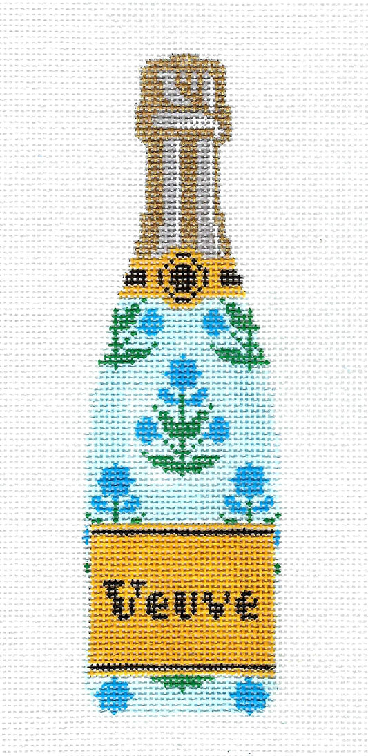 "Veuve" Champagne Bottle with Blue Flowers 18 Mesh handpainted Needlepoint Ornament Canvas by C'ate La Vie