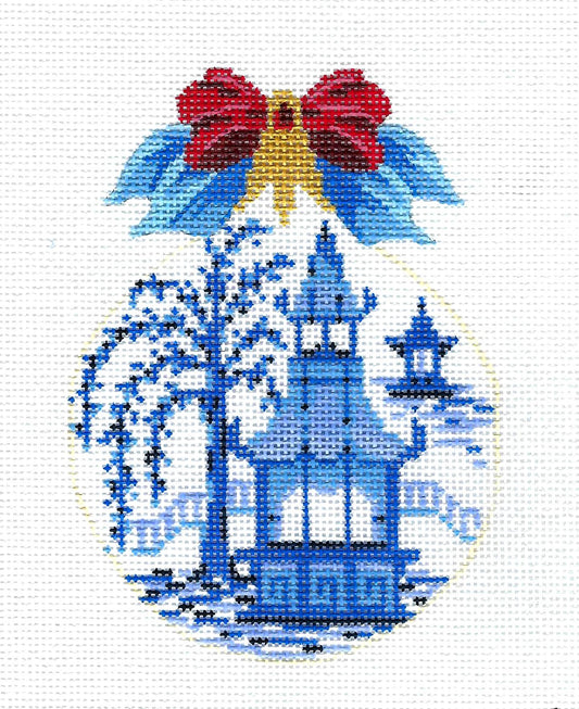 Oriental Temple China Blue & White Ornament handpainted 18 Mesh Needlepoint Canvas by Kelly Clark