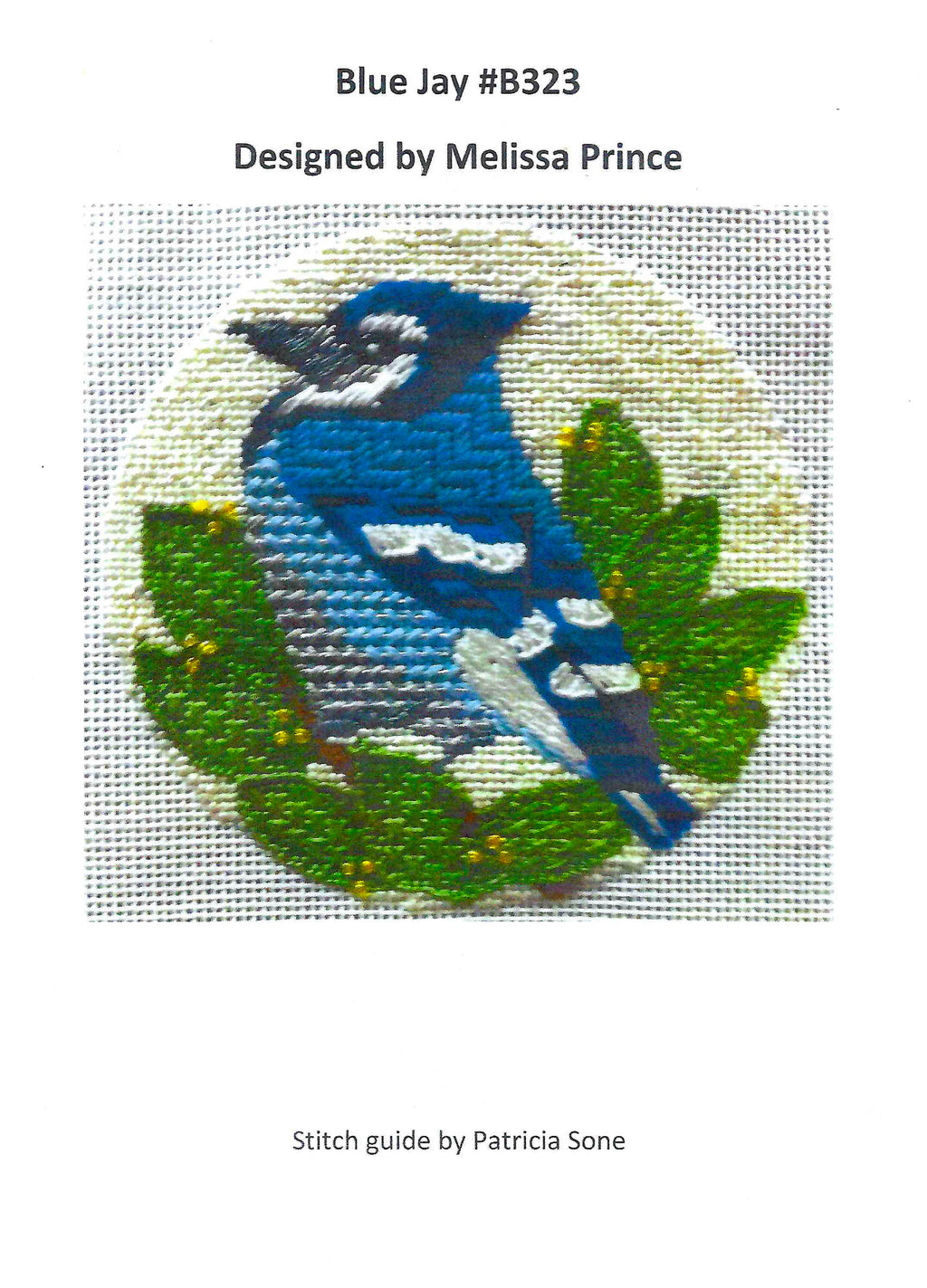 Bird Round ~ Blue Jay Bird in Springtime & STITCH GUIDE handpainted 4" Rd. Needlepoint Ornament by Melissa Prince