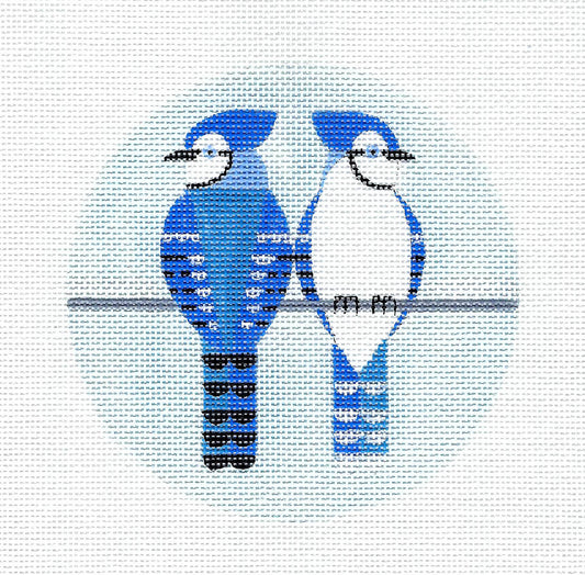 BIRDS ~ BLUE JAY BIRDS PAIR handpainted 4.5" Needlepoint Canvas by Suzie Vallerie